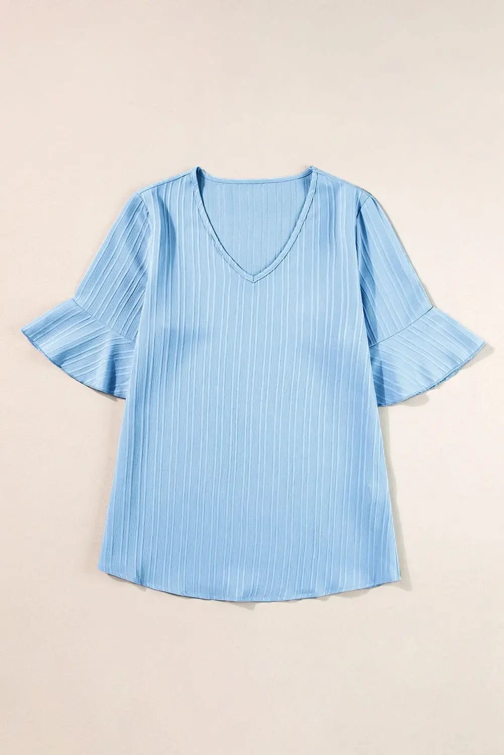 Beau Blue Ruffled Half Sleeve V Neck Textured Top - Love Salve